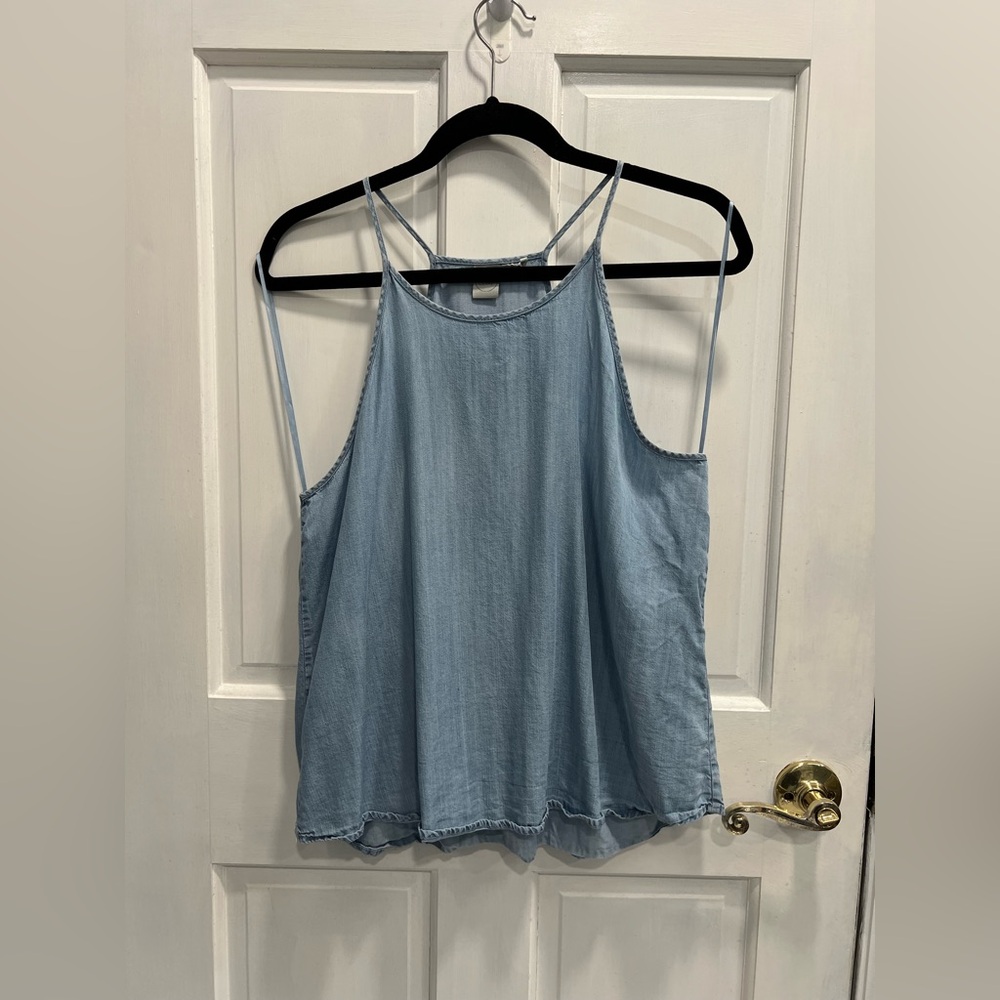 PAPER CRANE Blue Denim Chambray Halter Top Boho Coastal Summer Sz LARGE PreLoved